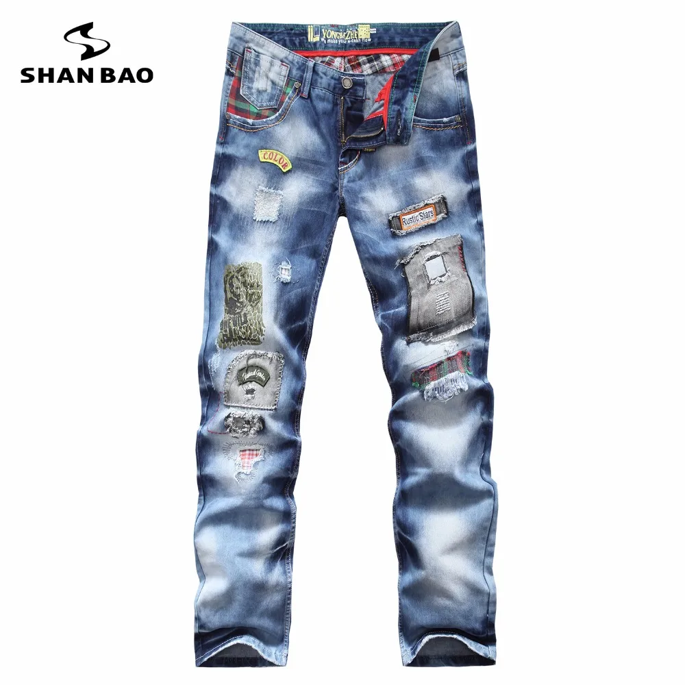 ФОТО SHAO BAO brand personality popular clothing style hole patch jeans autumn and winter fashion men straight beggar trousers blue