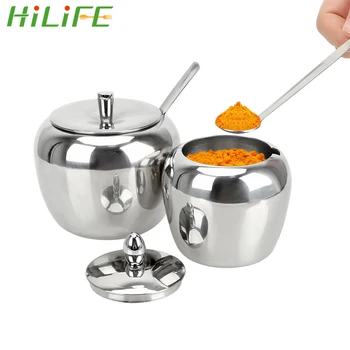 

HILIFE Stainless Steel Spice Container Seasoning Jar Condiment Pot Apple Sugar Bowl With Lid and Spoon Kitchen Accessories