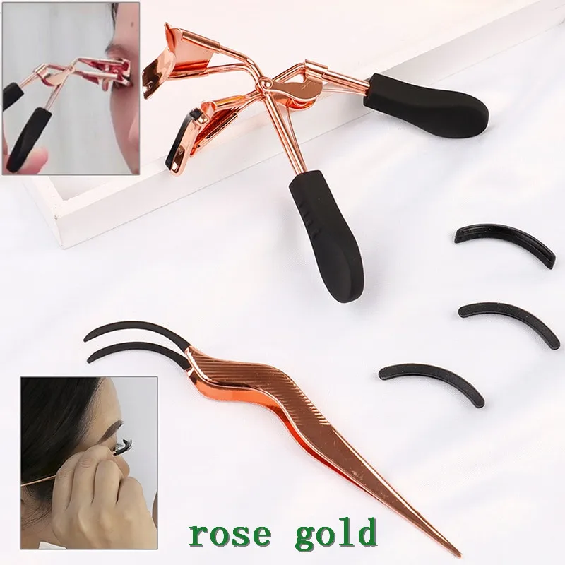 Rose Gold Eyelash Curler + Eyelash Curler Tweezers And Black Handle Steel Makeup Cosmetic Tool 5pcs/Set