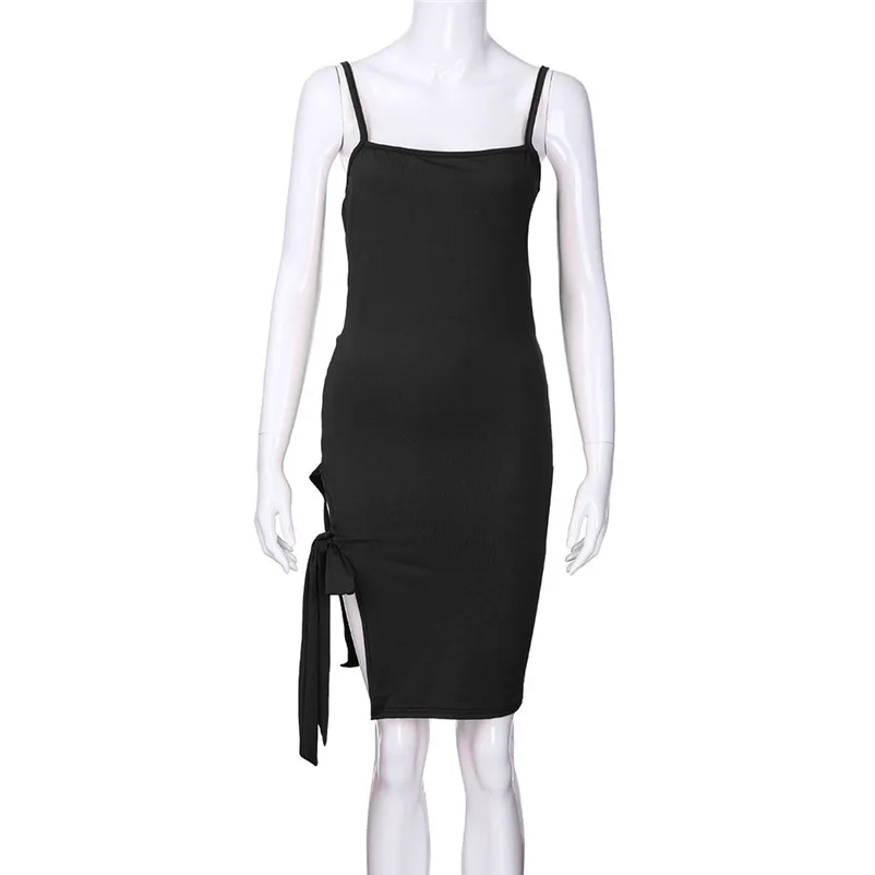 2018 Fashion summer dress women beach dress Ladies Blackless Sleeveless Square Neck Split Bandages Mini Dress vestidos J27#N (5)