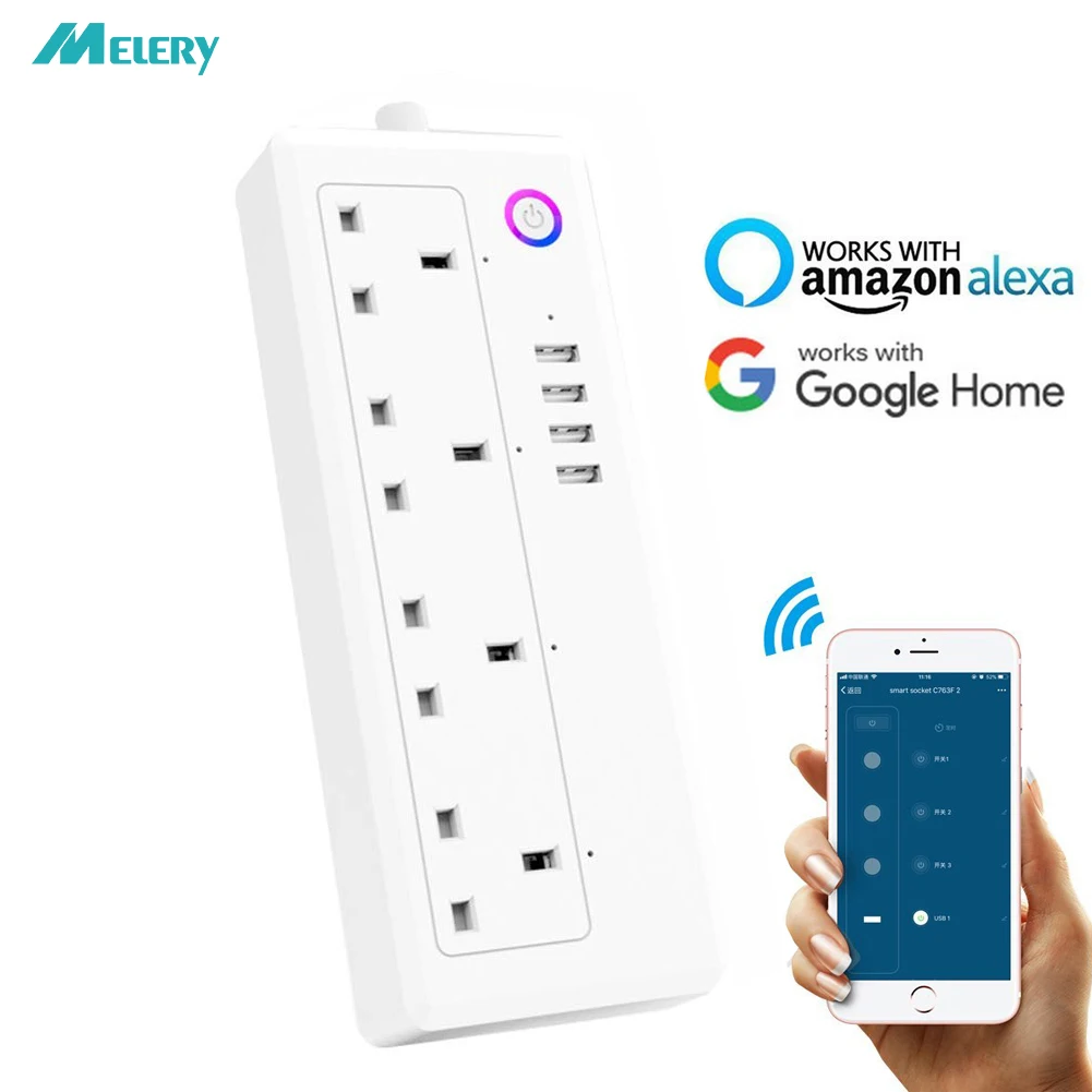 

Wifi Smart Power Strip Surge Protector 4 Outlets UK Plug Sockets with USB Homekit Compatible With Amazon Alexa Google Home
