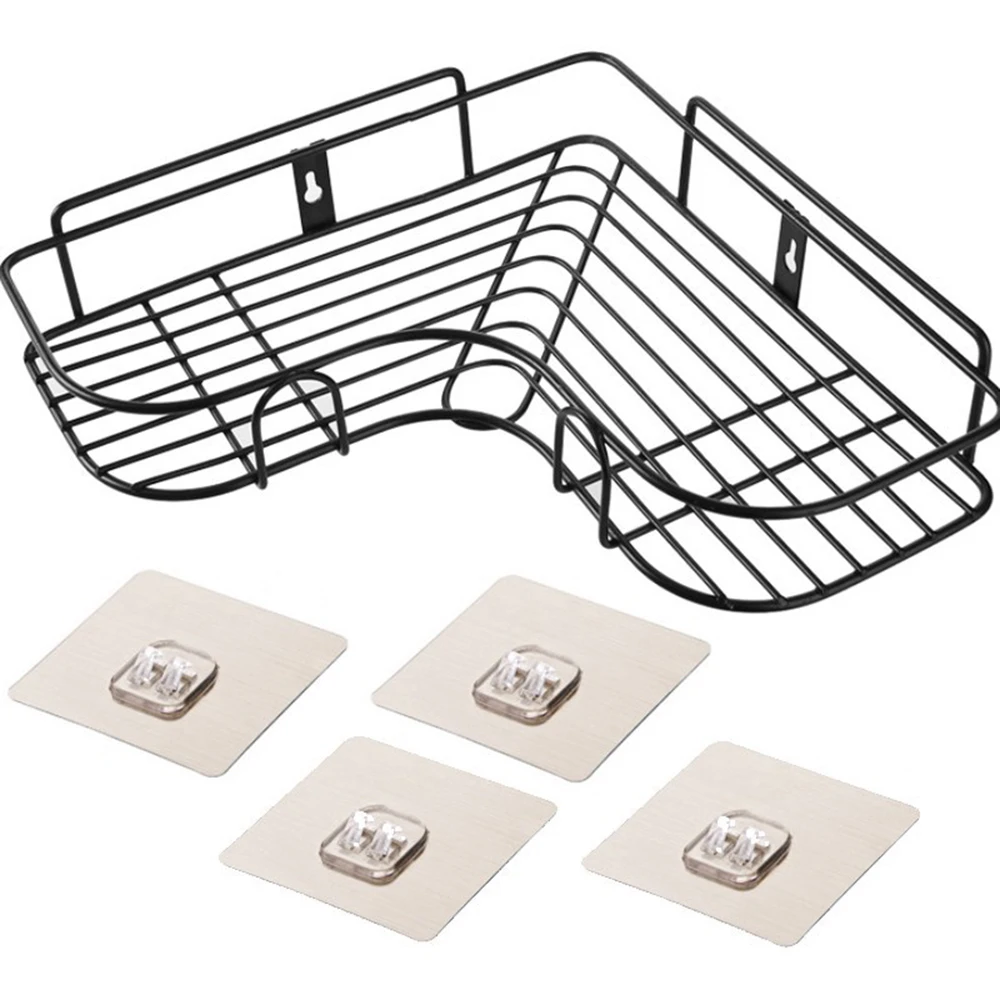 Ванная комната Дырокол угловая рамка душ полка кованого железа стойка для шампуней держатель с 4 присоской стикер вешалки - Цвет: with 4 Brushed Hooks