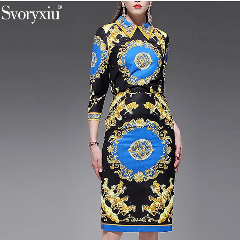 

Svoryxiu 2019 Spring Summer Designer Vintage Skirt Suit Women's Beading Print Blouse + Split Skirts Female Elegant Two Piece Set