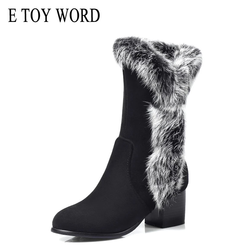 

E TOY WORD Winter Women Snow Boots Warm Antieskid Mid-calf boots Square heel Slip On Casual Women Flock Rabbit hair shoes