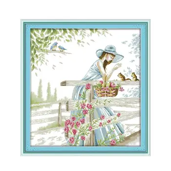 

Little girl and squirrel Small fresh spring beauty cross stitch embroidery kit Chinese characteristics sewing embroidery