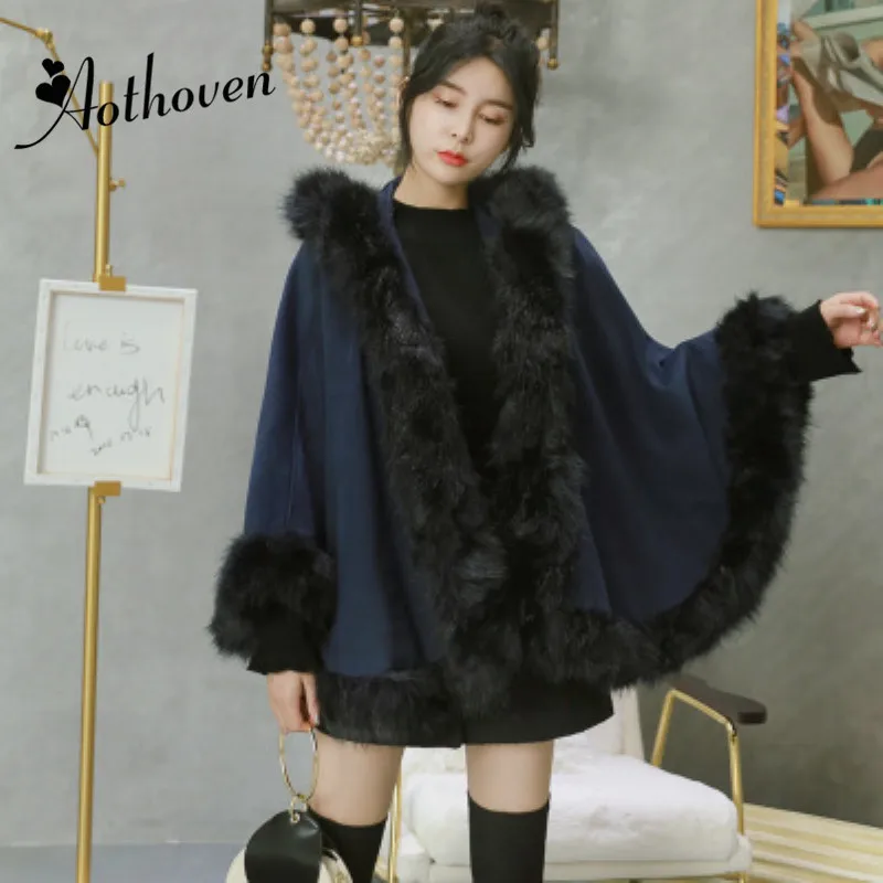 Ponchos 2018 Laine Hiver Mode Gamme Raton Et Cardigan Femmes Fourrure Poncho Laveur Bleu Col De Marine Capes Élégant Haut Cachemire Hoodies azqra