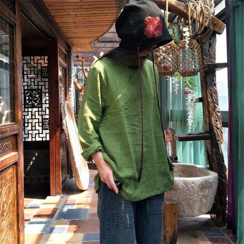 

Johnature Solid Color Stand Blouses Irregular Full Sleeve Shirts 2019 Spring New Women Vintage National Style Linen Shirts