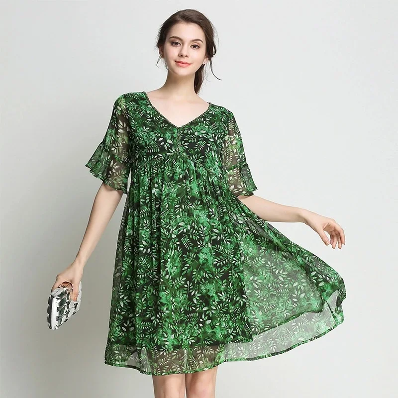 2018-Summer-Women-Plus-Size-Floral-chiffon-Dress-Flare-sleeve-V-neck ...