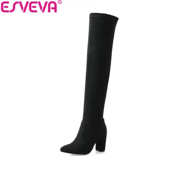 

ESVEVA 2018 Women Boots Elegant Black Flock Slim Look Warm Fur Over The Knee Boots Square High Heels Boots for Ladies Size 34-43