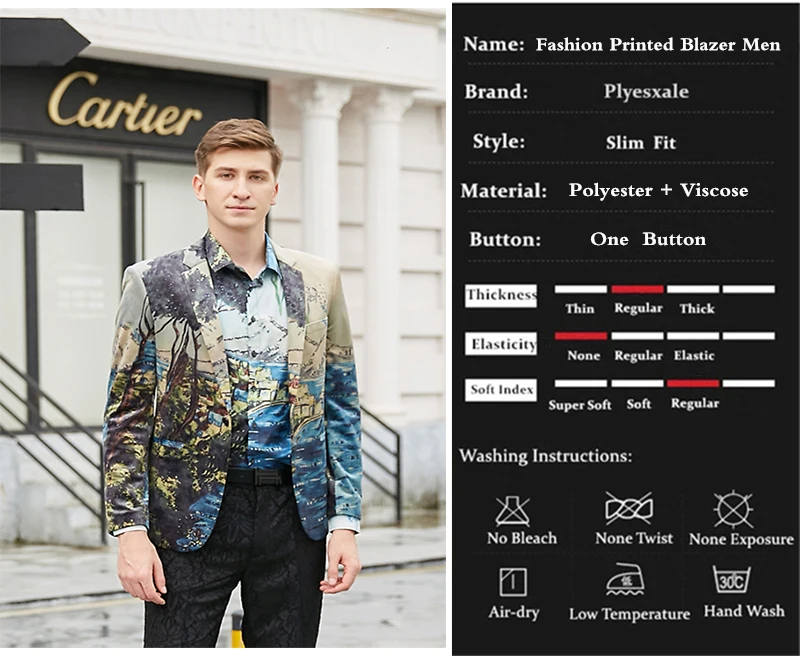 Plyesxale 2018 Новое поступление 3D мужская печатных пиджак Slim Fit Свадебные мужской пиджак куртка бренд досуг блейзер Masculino Q436