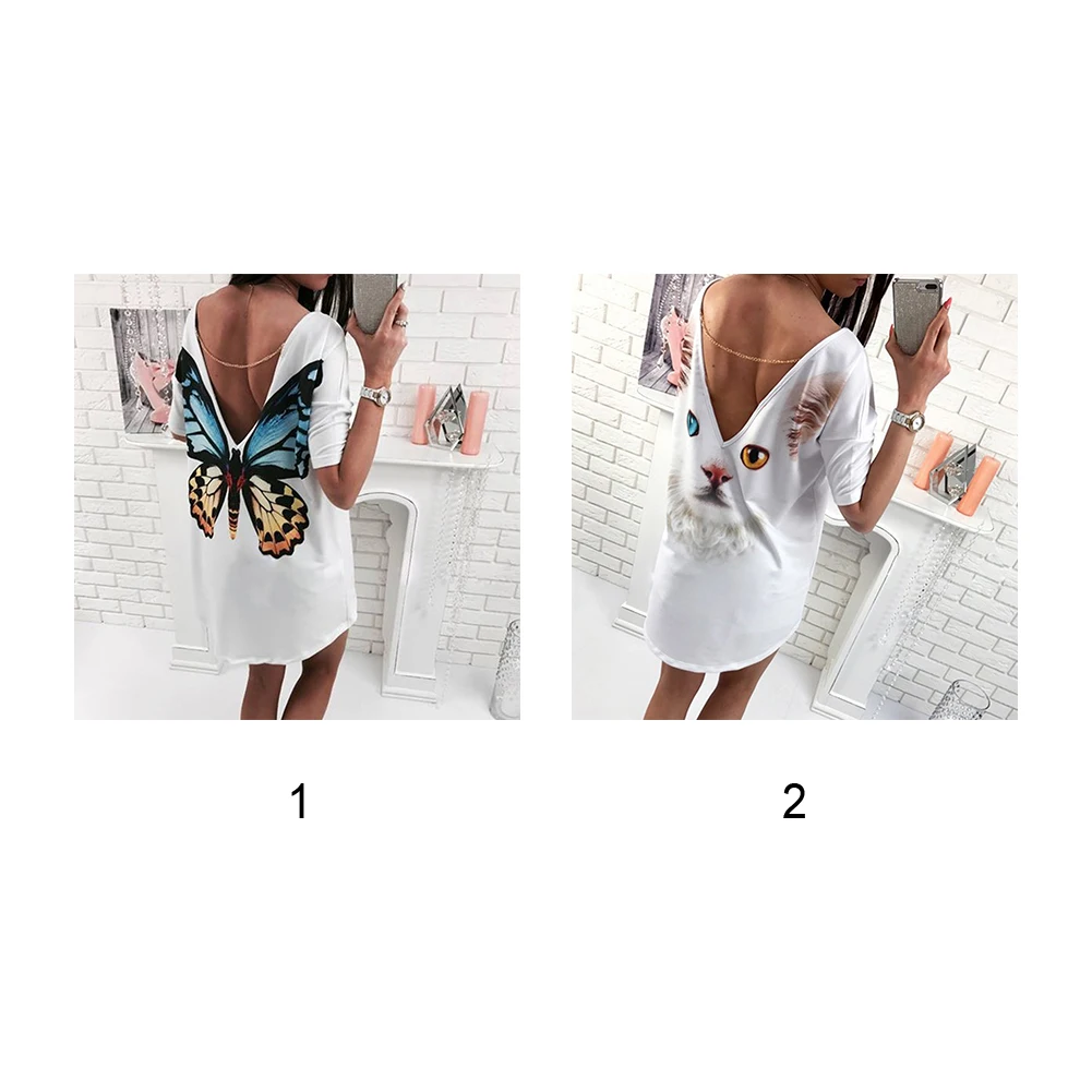 New Fashion Women T-shirt Sexy Deep V Backless Loose T-shirts Ladies Short Sleeve Cartoon Cat Butterfly Print Casual T-Shirt