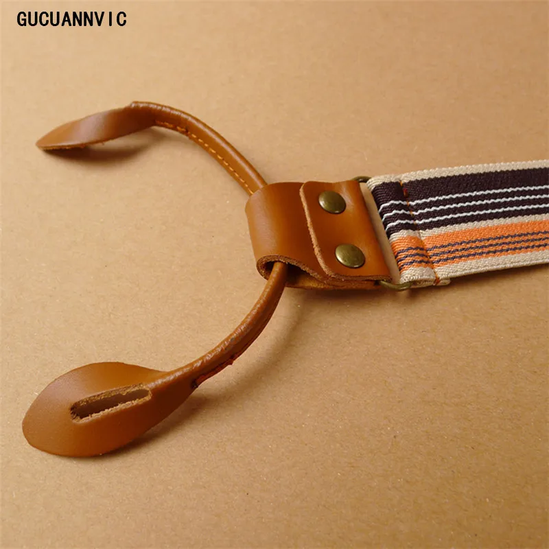GUCUANNVIC Vintage stripes Men's suspenders casual Fashion braces High quality leather suspenders Adjustable 6 buttons Belt