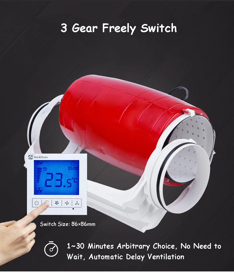  Ventilador de conducto redondo interruptor de tres velocidades de retardo LCD ventilador de escape 