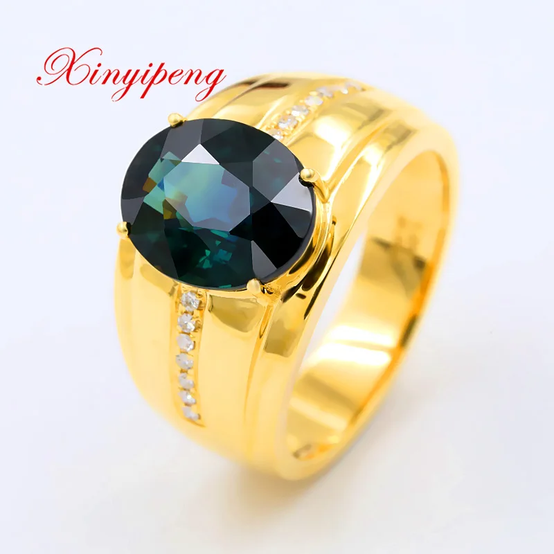 

Xin yi peng 18 k yellow gold inlaid 4.2 carat natural sapphire ring, men's big ring, diamond