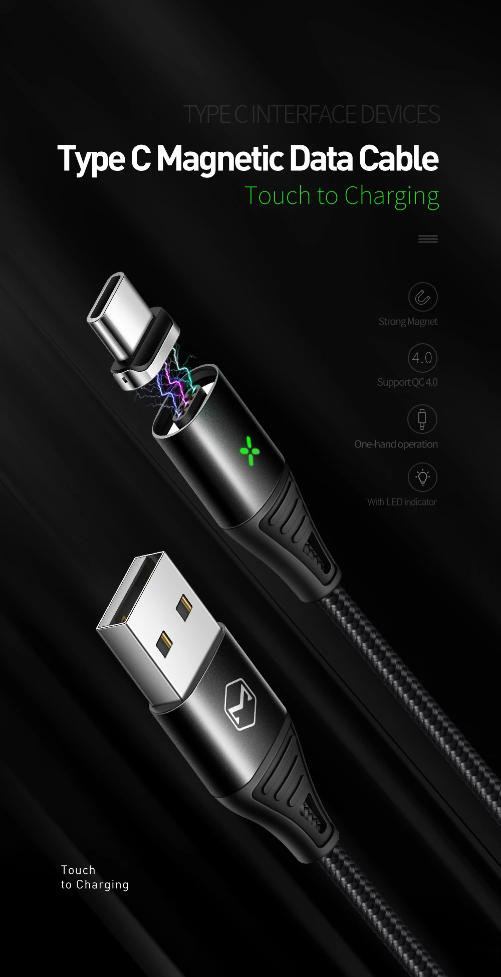 Mcdodo кабель usb type C Магнитный USB кабель для samsung Xiaomi huawei QC4.0 Быстрая зарядка 3A для huawei USB C зарядное устройство Магнитный провод