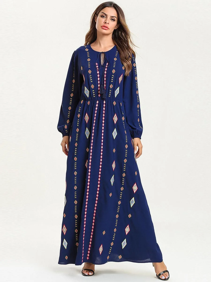 Элегантный Этническая мусульманин abaya Макси платье геометрический кимоно с вышивкой длинные халаты Jubah Рамадан Ближнем Востоке Исламская Костюмы - Цвет: AS PHOTO SHOWS