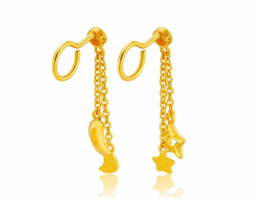 Fashion Authentic 24K Yellow Gold Earrings /Craved Star Moon Dangle Earring/ 3.6g