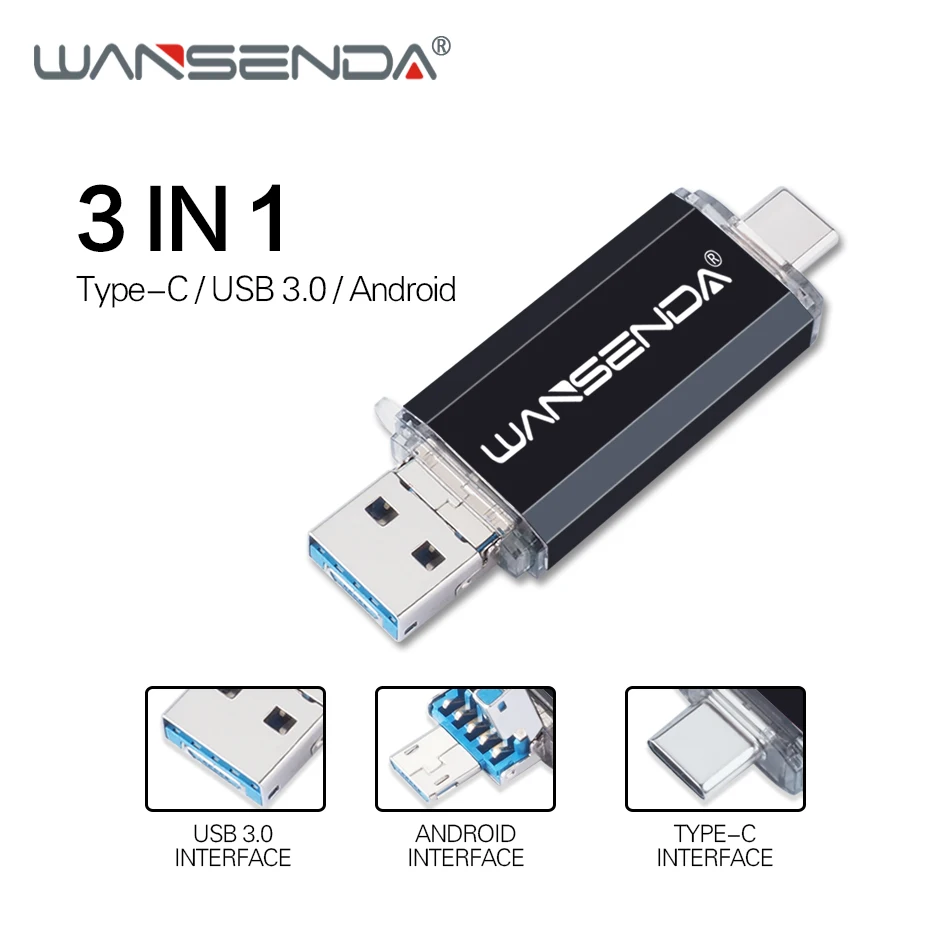 WANSENDA USB флеш-накопитель 3 в 1 USB 3,0& type-C Micro USB флеш-накопитель 32 Гб 64 Гб 128 ГБ 256 ГБ 512 Гб OTG Флешка флеш-накопитель