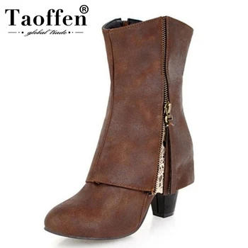 

TAOFFEN Size 33-44 Women Mid Calf Boots High Heel Boots Winter Fur Shoes Ladies Short Buckle Botas Fashion Flock Footwear