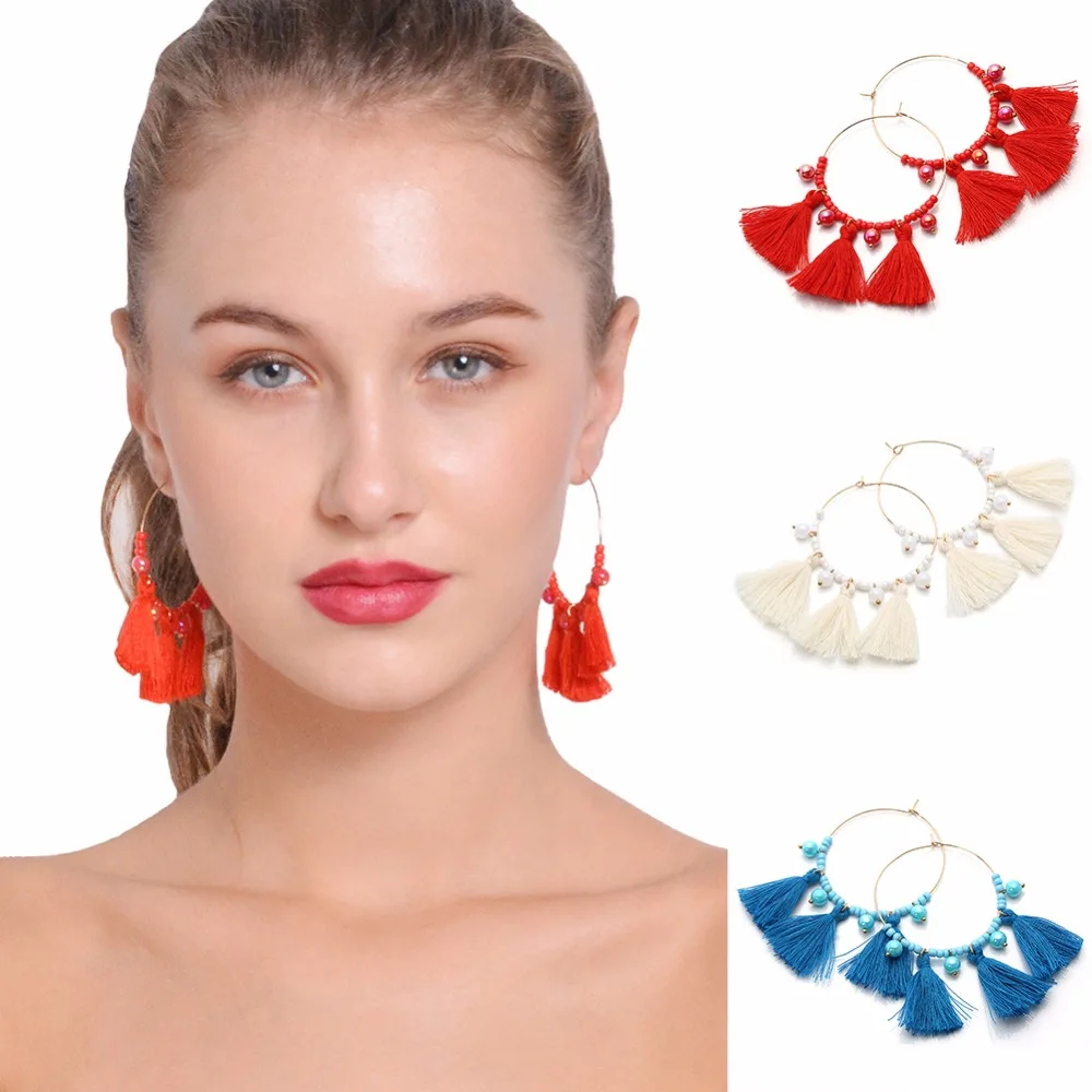 Women Bohemian Tassel Earrings Handmade Exaggerated Big Circle Tassels