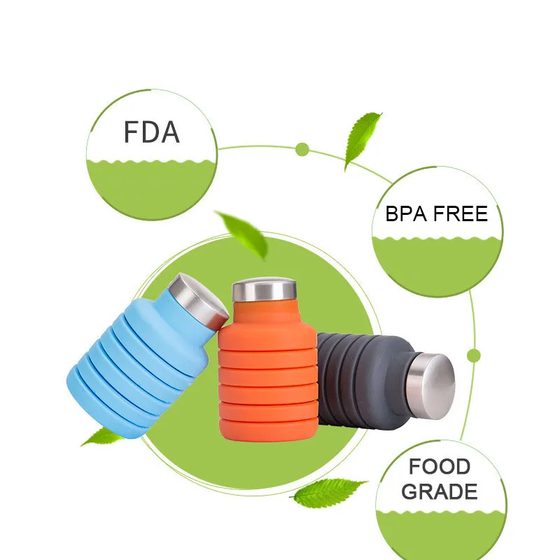 500ML Silicone Water Bottle with Stainless Steel Cover Folding Coffee Bottle Outdoor Travel Drinking Collapsible Sport Kettle