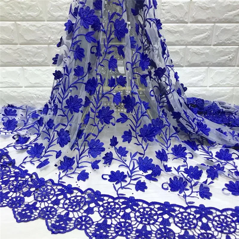 

2019 latest nigerian french lace fabric blue high quality Guipure lace fabric with beads stone latest 5yards for wedding 523