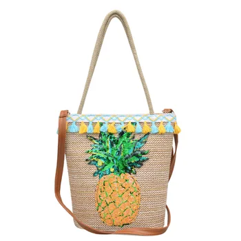 

Women Shoulder Pineapple Beach Bag Woven Handbag Beach Rattan Bag Sequins Totes Purse Pineapple