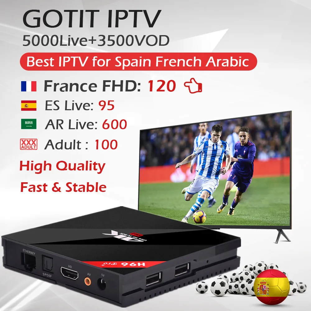 

GOTIT 1 Year KING IPTV H96Pro+ Android TV BOX Amlogic S912 Wifi Francais Portugal Adult IPTV Subscription French Arabic IPTV Box
