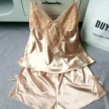 Женский пижамный комплект, сексуальная шелковая одежда для сна, глубокий v-образный вырез, на бретельках, сексуальные шорты, кружевная домашняя пижама одежды, пижама, комплект пижам