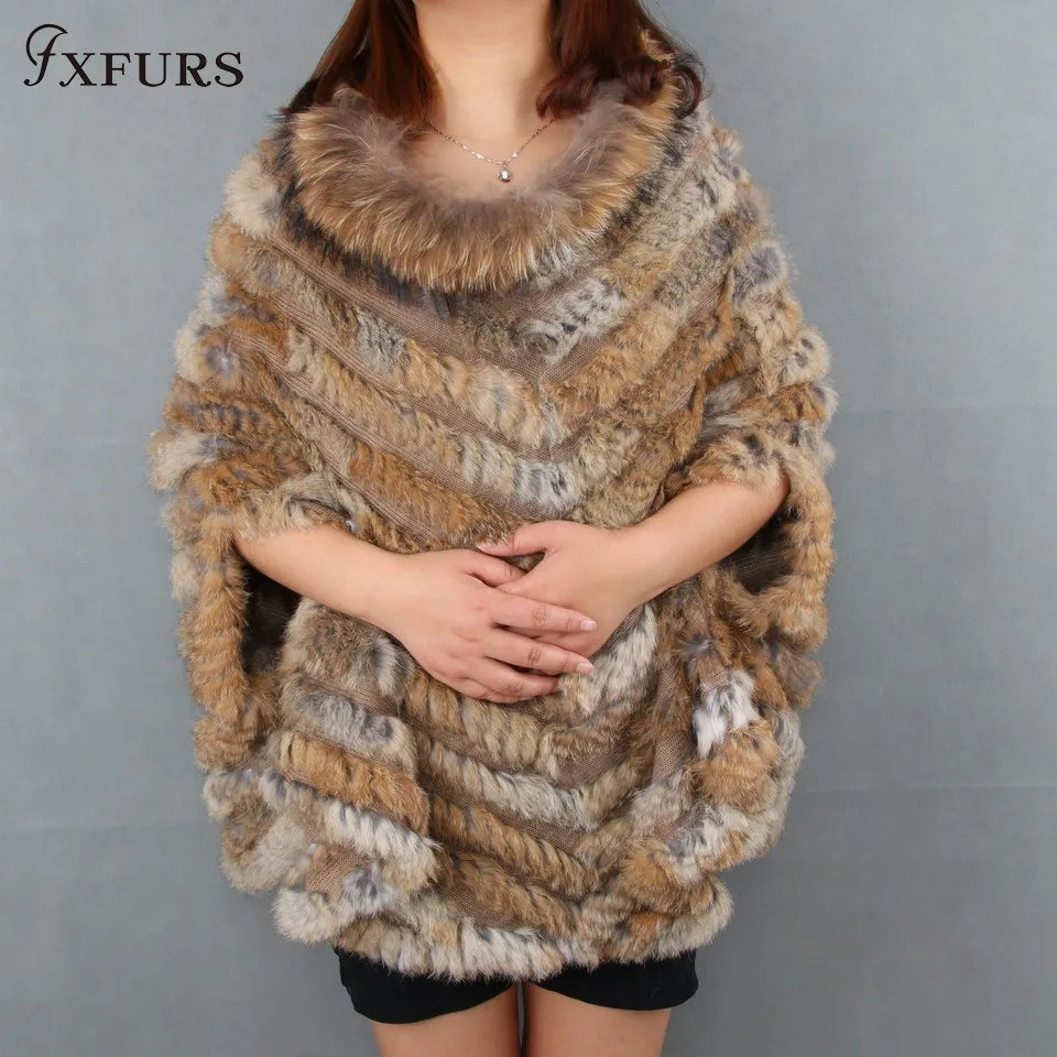 

FXFURS 2017 Real Knitted Rabbit Fur Shawl Women Fashion Fur Cape with Raccoon Fur Collars Autumn Batwing Sweater