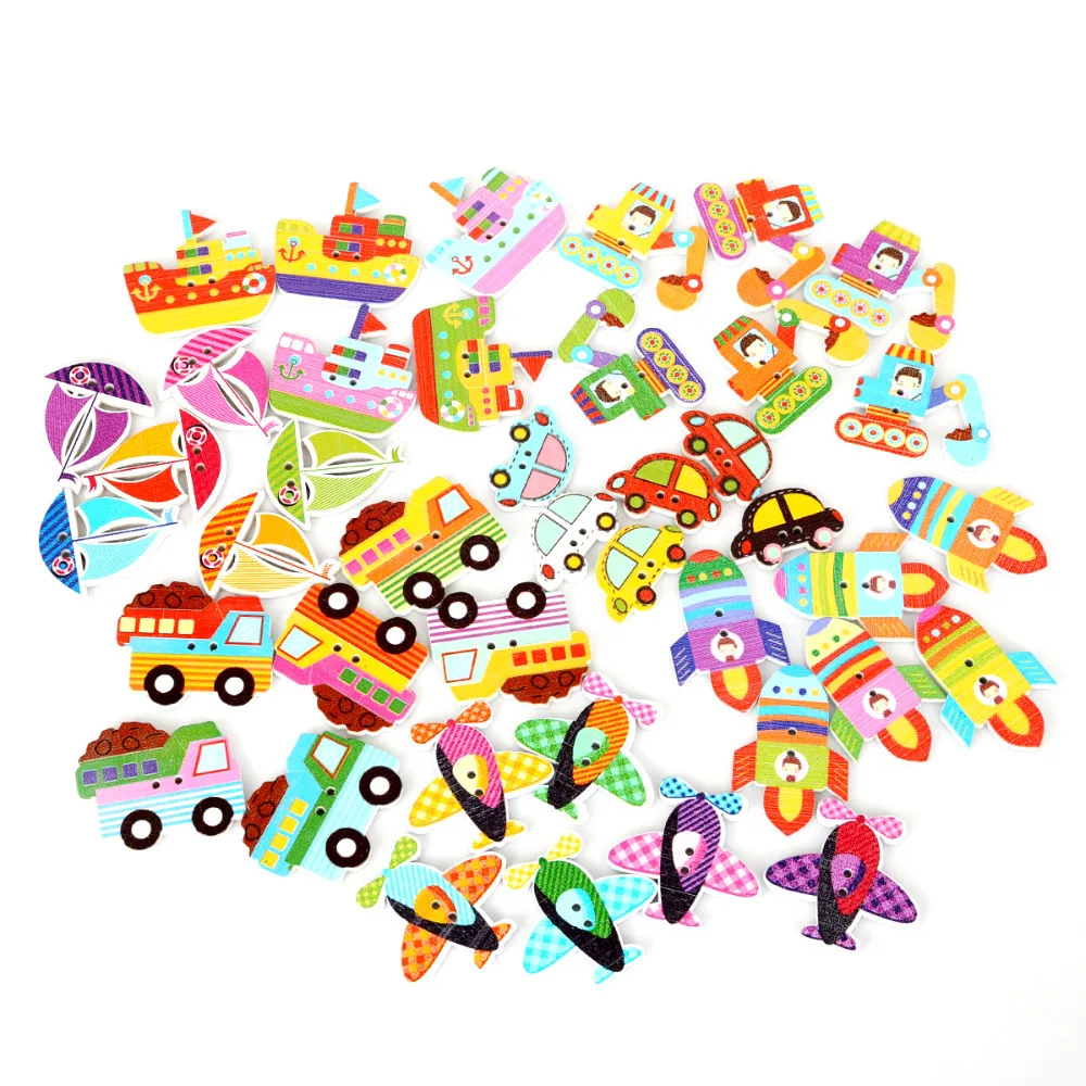 

High Quality 70Pcs/lot Random Mixed Color Decorative Lovely Conveyance 2 Holes Sewing Wood Buttons Flatblck Scrapbooking