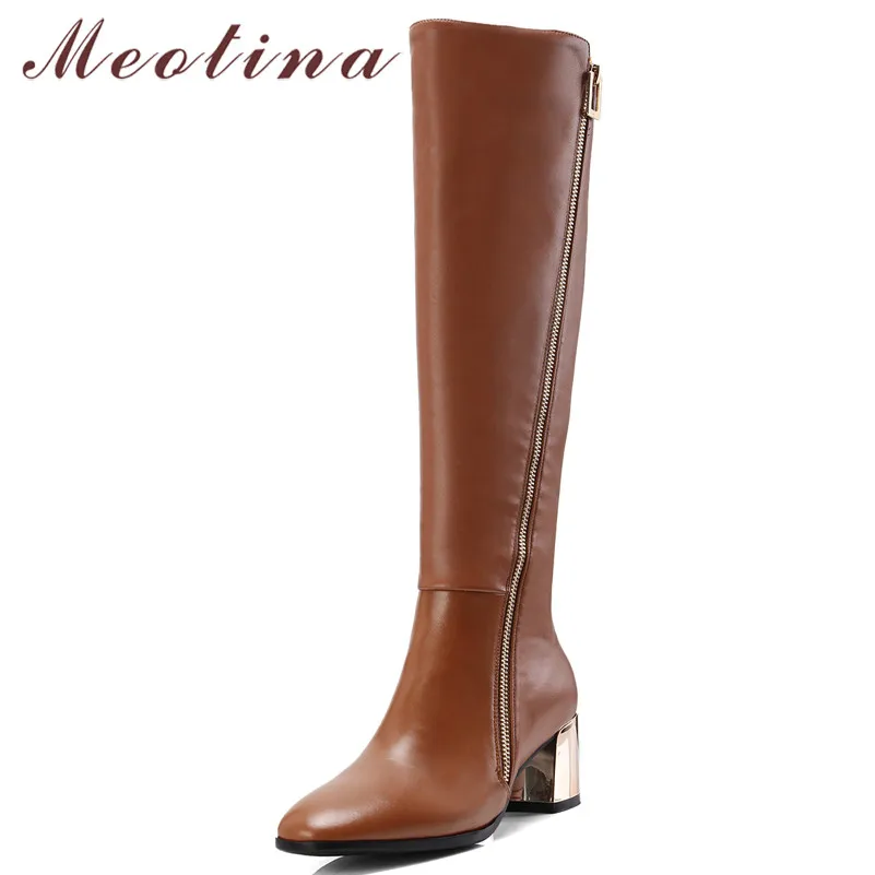 

Meotina Winter Knee High Boots Women Natural Genuine Leather Thick Heel Long Boots Zip Square Toe Shoes Lady Fall Big Size 33-43
