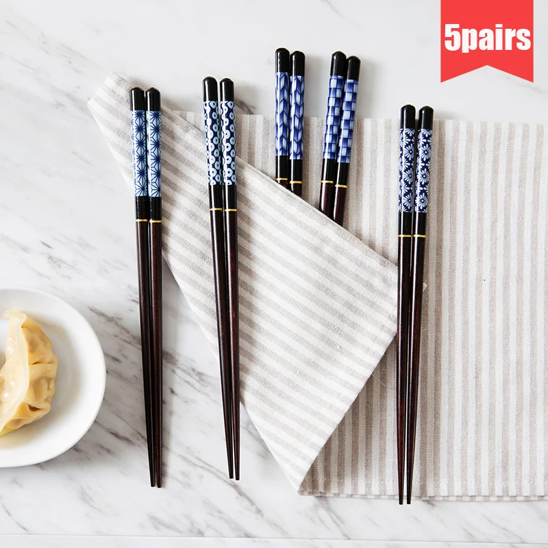 5pairs Japanese Natural Wood Chopstick Set Reusable Classic Style
