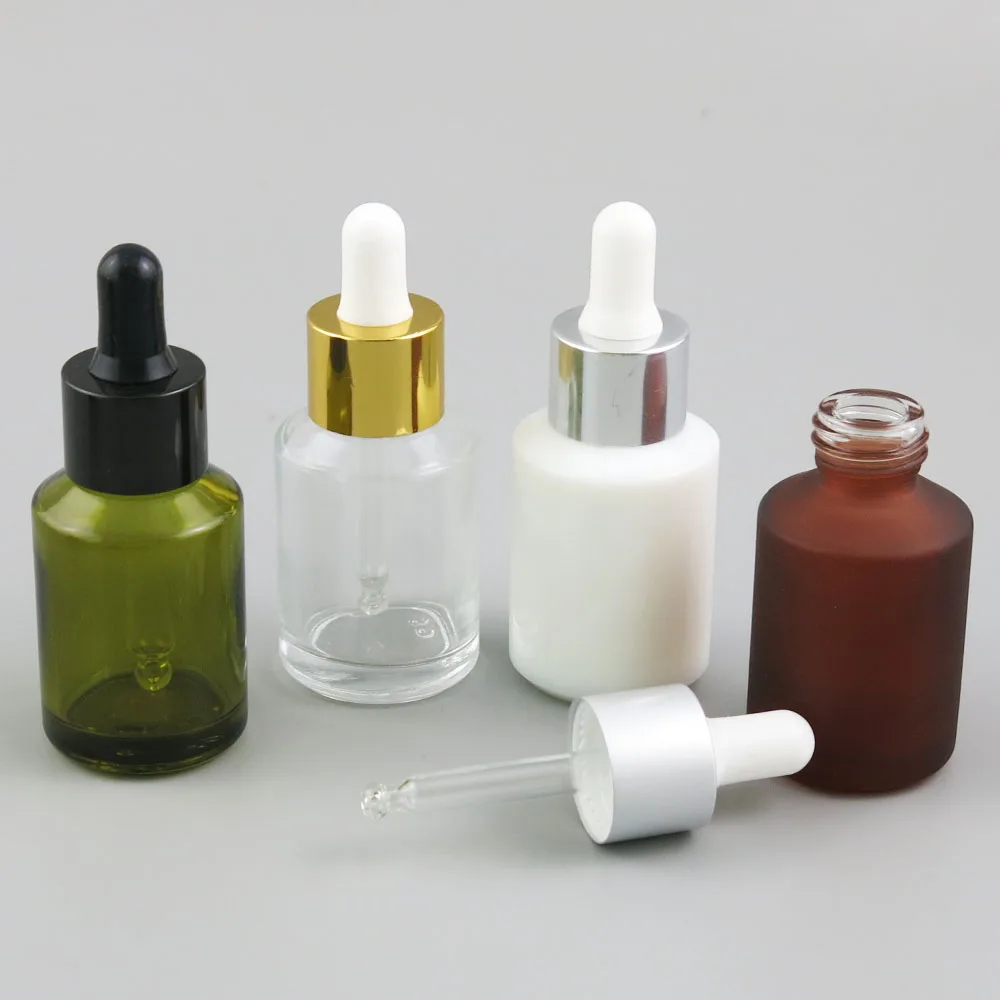 

10PCS 30ML 1OZ Matte Clear Amber Green White Essential Oil Dropper Bottles With Aluminum Dropper Cap New Arrival