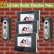 7 pulgadas LCD video de la puerta de intercomunicación teléfono timbre video del intercomunicador del timbre del sistema de intercomunicación con cable de intercomunicación casa 2 Cámara + 3 Monitor