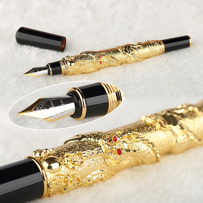 

Business Fountain Pen Ink Pen Nib Noble Golden Fine Nib Dragon Embossed Full Metal Luxury Stilografica Caneta Stationery 03842
