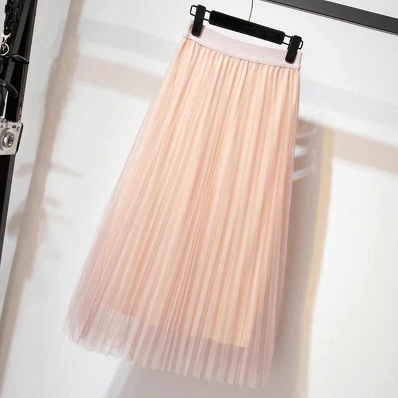 

2019 Spring Summer Skirt Women Pleated Skirt A-line Mesh Midi Skirt Female Three-layer Elegant Skirt RE2378