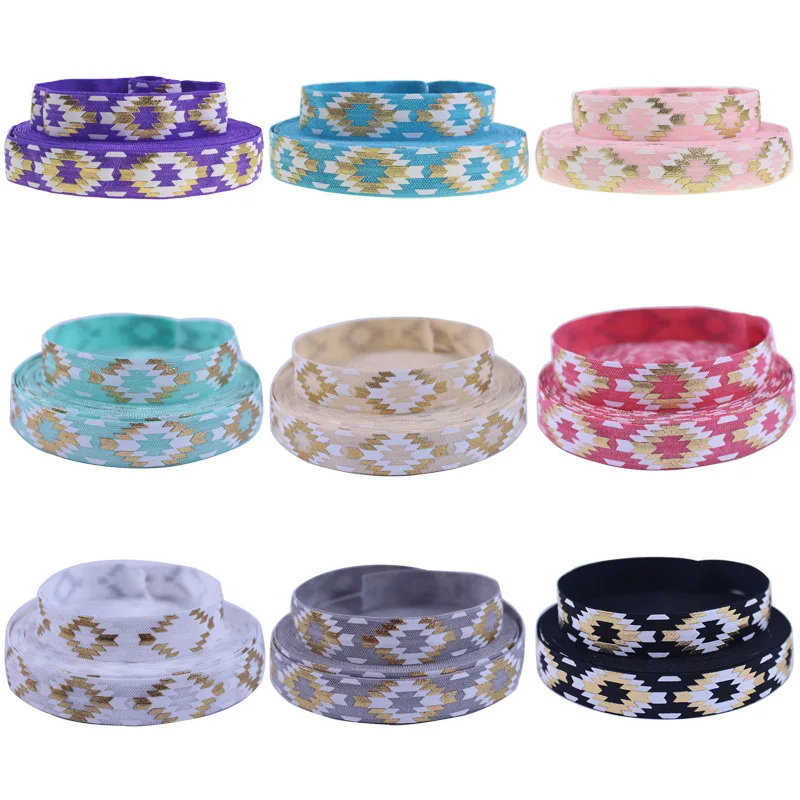 

5/8" gold foil aztec printed foe elastic ribbon fold over elastic for DIY
