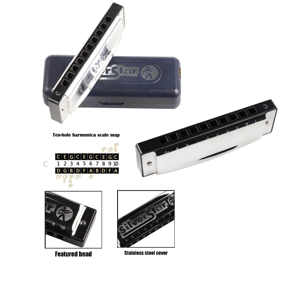 Hohner международная серебро звезда 10 отверстие губная гармошка диатоническая ключ