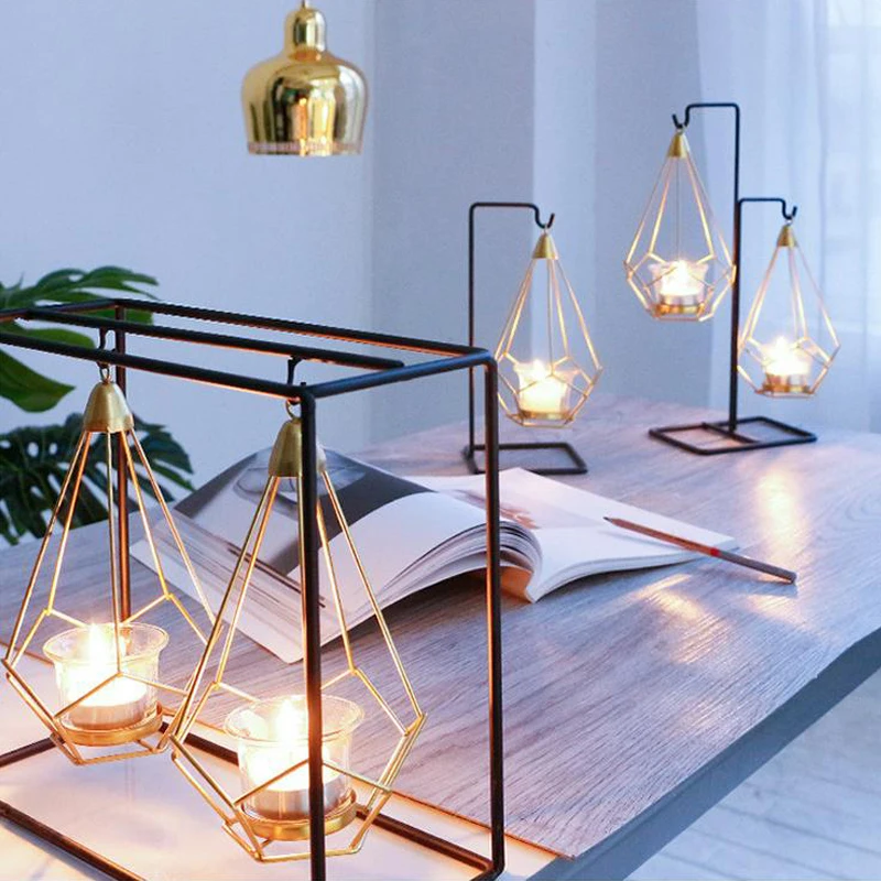 

1PC Ins Nordic Geometry Iron Candlestick Golden Chandelier Romantic Wedding Props Bedroom Decorations Furnishing Candle Holders