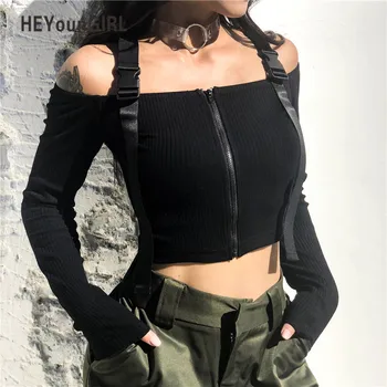 

HEYounGIRL Punk Long Sleeve Tshirt Women Casual Off Shoulder Crop Top T Shirt Harajuku Patchwork Strap Streetwear Tees Shirts