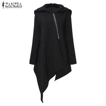 

ZANZEA Oversized Autumn Hooded Long Sleeve Zipper Long Sweatshirt Loose Casual Women Asymmetric Solid Hoodies Pullover Top Blusa