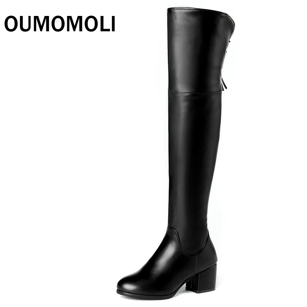 

2019 Lacing Over the Knee Boots Women Real Fur Large Size 43 Fashion Black Square Heels Woman Winter Shoes Snow Boots A575