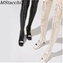 Mcacchi/ г. Последняя мода, брендовые ботфорты на шнуровке с заклепками дизайнерские сапоги из натуральной кожи с квадратным носком женские очень большие размеры
