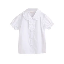 Kids Girls Short Sleeve Tops Shirt Lace Cotton Shirt Blouse Shirt for Summer White