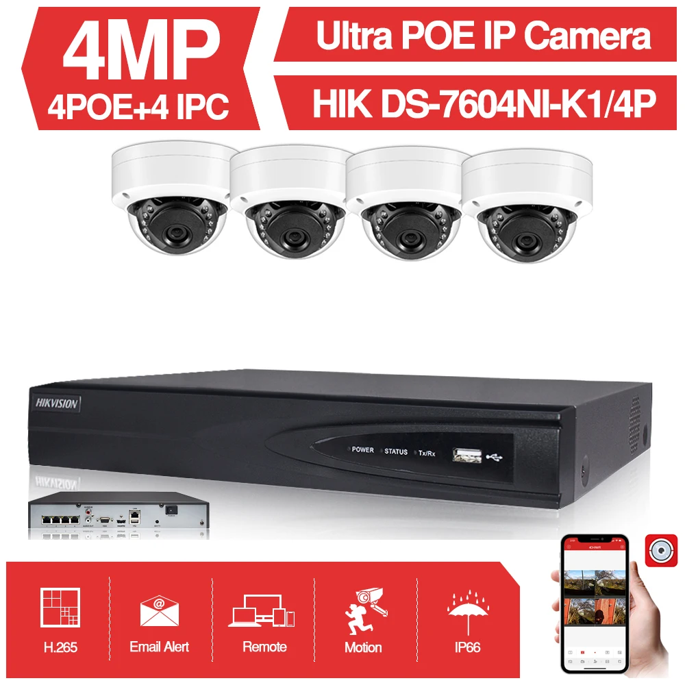 

4CH CCTV System 4PCS Ultra 4MP CCTV Security POE Camera with Hikvision 4 POE NVR DS-7604NI-K1/4P DIY Video Surveillance Kits