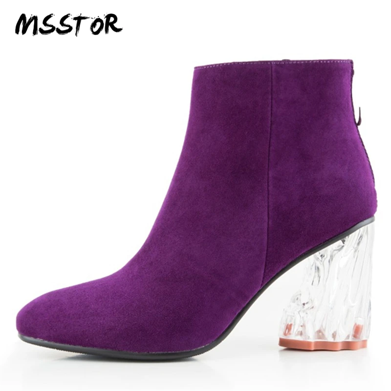 

MSSTOR Crystal Transparent Heel Women Ankle Boots Fashion Party Purple Autumn Winter Boots Women Round Toe High Heels Boots 7CM