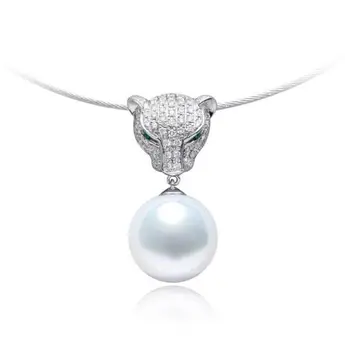 

Free Shipping 13-14mm White South Sea Pearl Diamond Emerald Pendant Necklace 18k White Gold