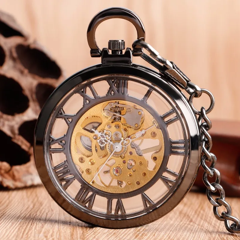 Стимпанк черный скелет Римский цифры See Through карманные часы механический ручной взвод Fob с цепочкой унисекс, рождественский подарок
