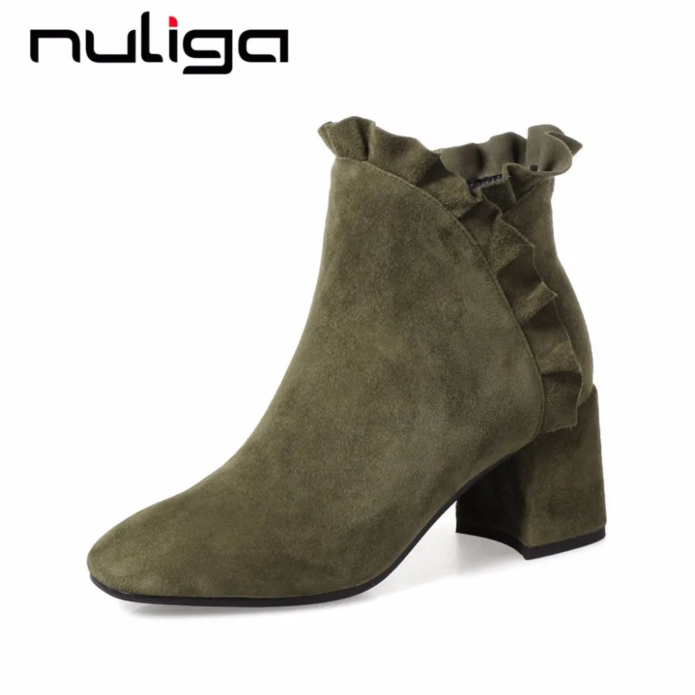 

Nuliga square toe slip on high heels natural leather large size pop ruffled fold design green black color woman ankle boots L12